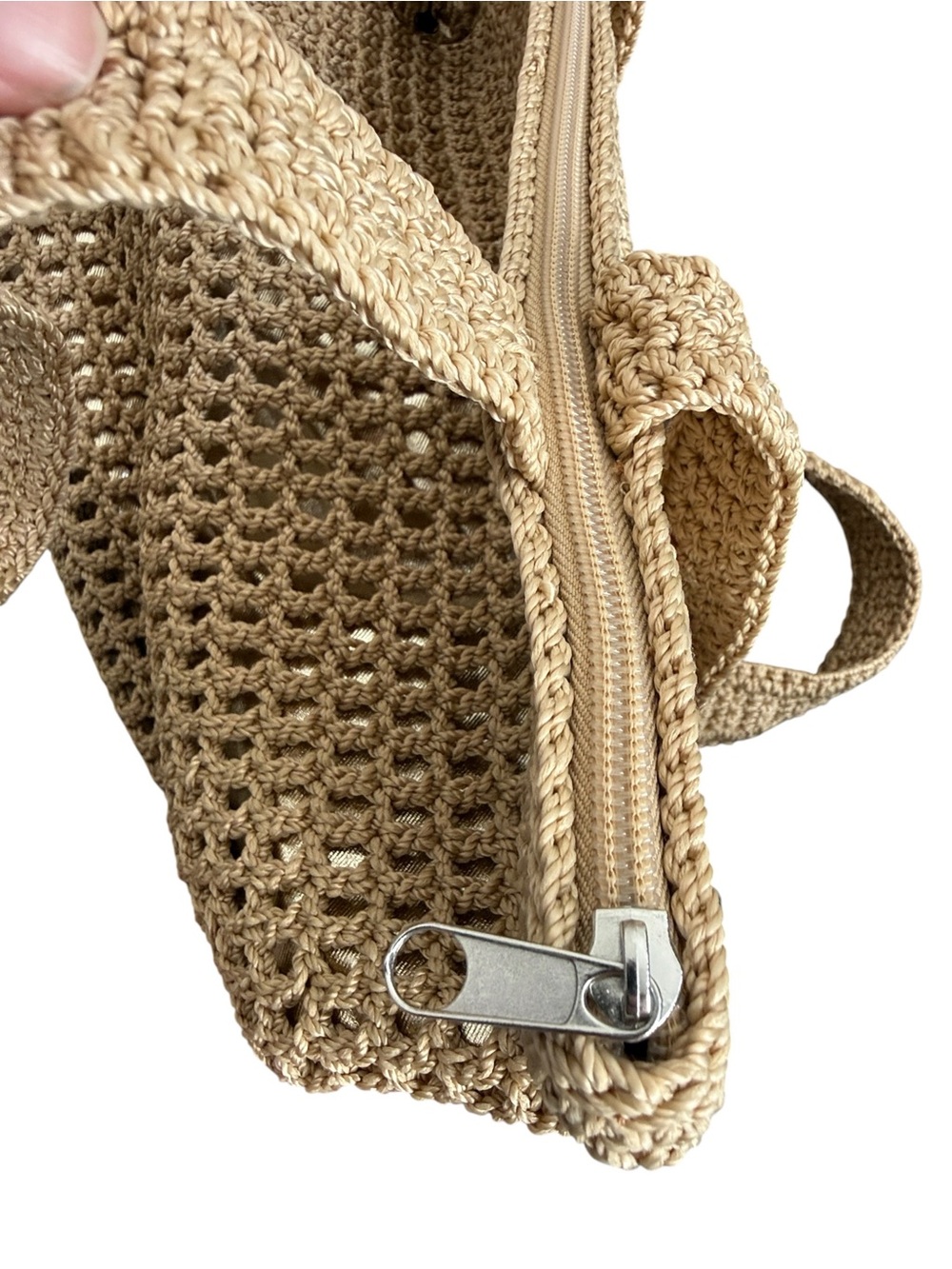 The Sak Crochet Tote Bag Beige Tan Metallic Lined Boho Shoulder Handbag - Picture 6 of 13